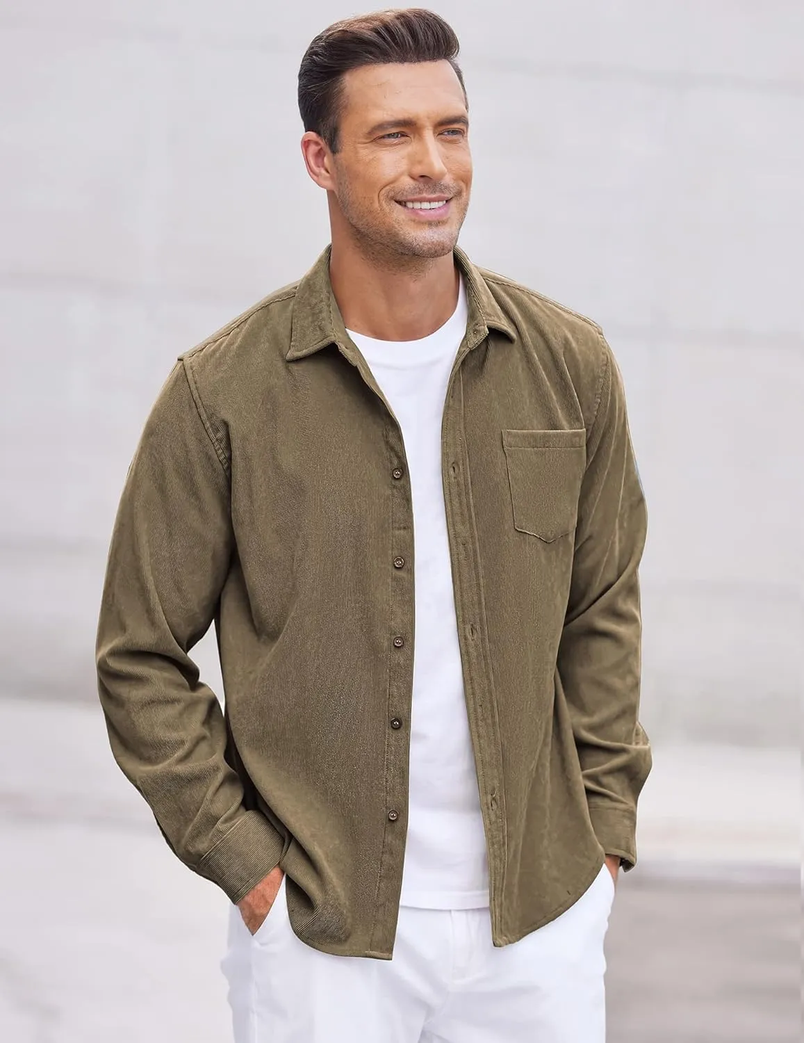 COOFANDY Men's Corduroy Shirt Casual Long Sleeve Button Down Lightweight Jacket Fall Textured Shacket