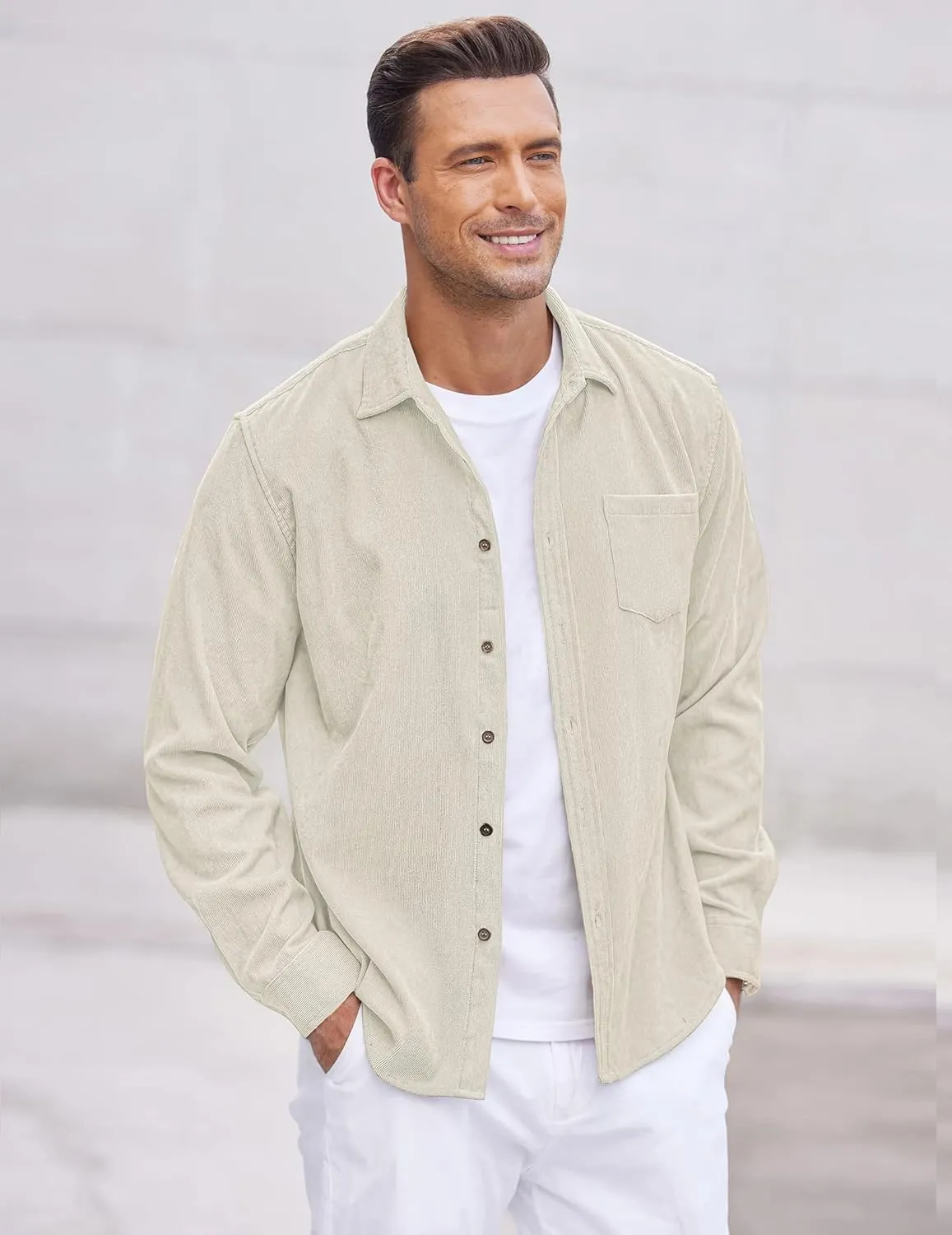 COOFANDY Men's Corduroy Shirt Casual Long Sleeve Button Down Lightweight Jacket Fall Textured Shacket