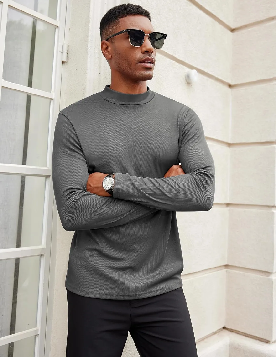COOFANDY Men's Mock Turtleneck Long Sleeve Shirts Slim Fit Basic T-Shirt Lightweight Ribbed Pullover Sweater
