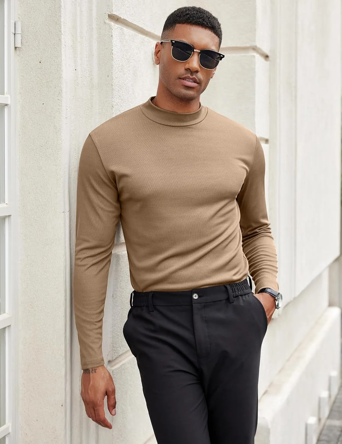 COOFANDY Men's Mock Turtleneck Long Sleeve Shirts Slim Fit Basic T-Shirt Lightweight Ribbed Pullover Sweater