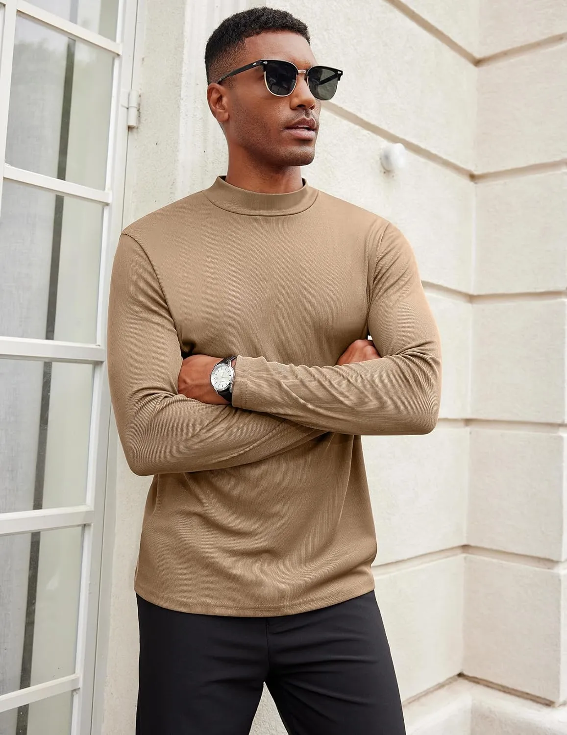 COOFANDY Men's Mock Turtleneck Long Sleeve Shirts Slim Fit Basic T-Shirt Lightweight Ribbed Pullover Sweater