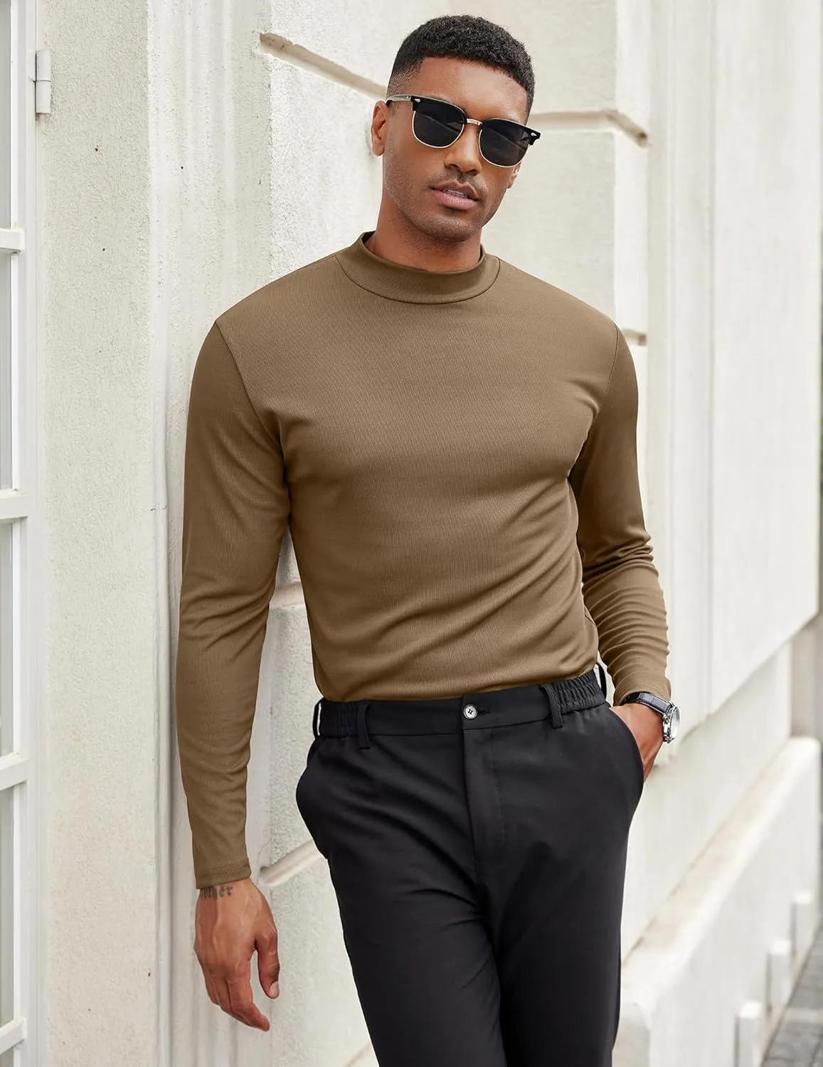 COOFANDY Men's Mock Turtleneck Long Sleeve Shirts Slim Fit Basic T-Shirt Lightweight Ribbed Pullover Sweater