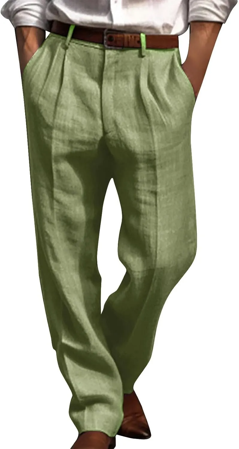 Cotton Linen Pants for Men Pleated Front Trouser Straight Leg Suit Pant Casual Solid Color Office Trousers