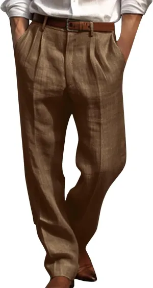 Cotton Linen Pants for Men Pleated Front Trouser Straight Leg Suit Pant Casual Solid Color Office Trousers