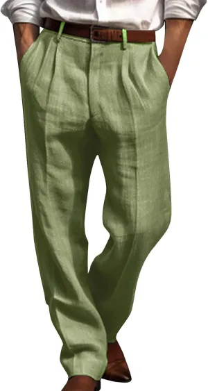 Cotton Linen Pants for Men Pleated Front Trouser Straight Leg Suit Pant Casual Solid Color Office Trousers