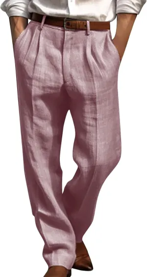 Cotton Linen Pants for Men Pleated Front Trouser Straight Leg Suit Pant Casual Solid Color Office Trousers