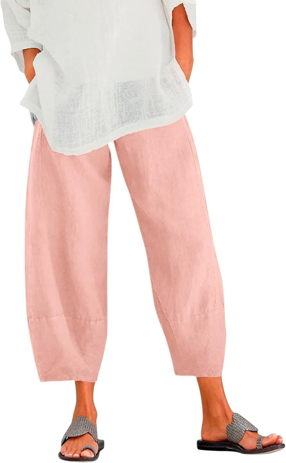 Cotton Linen Pants for Women High Waisted Wide Leg Pants Summer Loose Fit Capris Pants Lightweight Beach Trousers