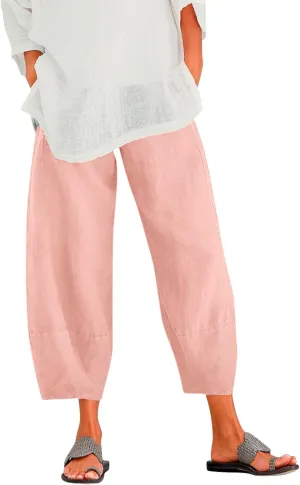 Cotton Linen Pants for Women High Waisted Wide Leg Pants Summer Loose Fit Capris Pants Lightweight Beach Trousers