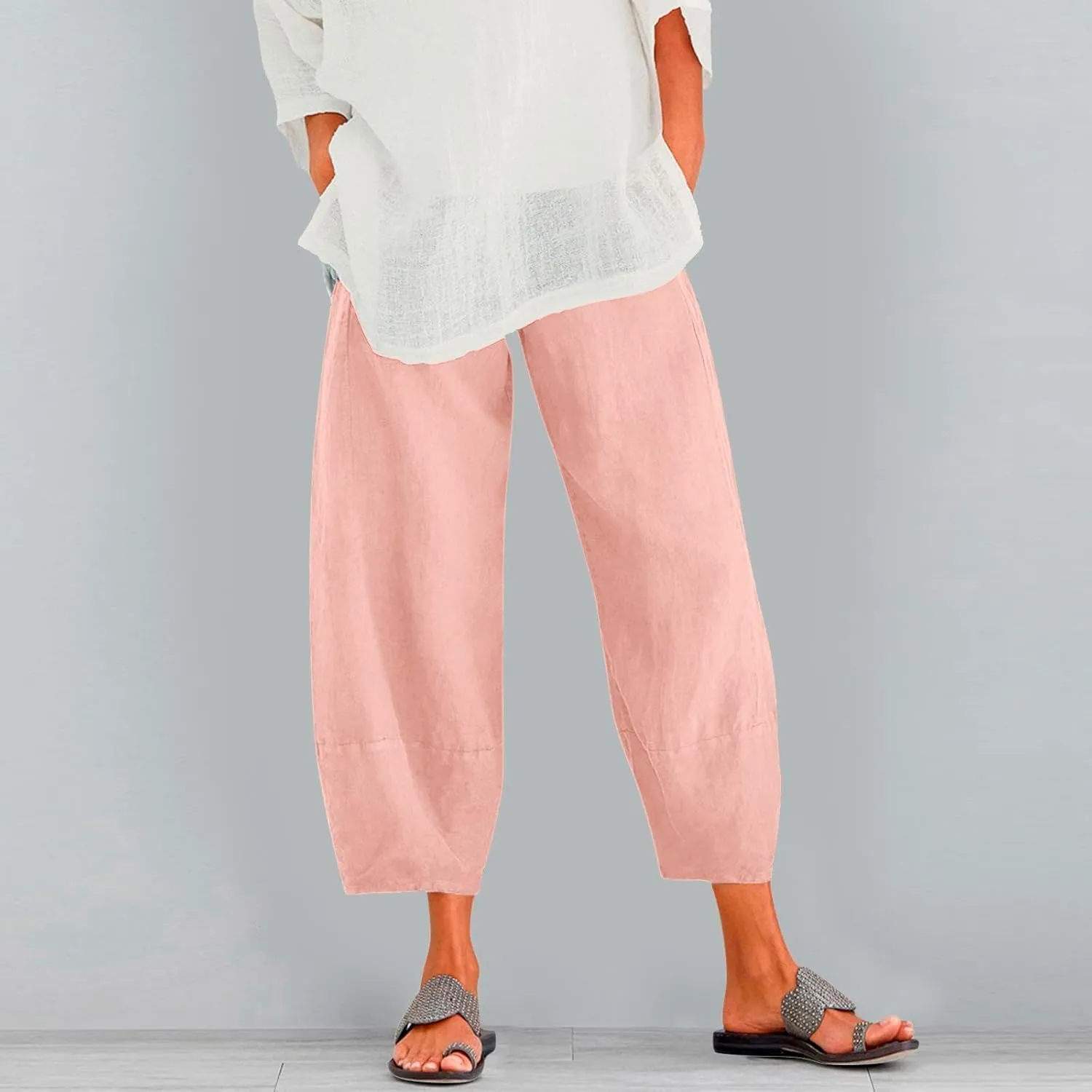 Cotton Linen Pants for Women High Waisted Wide Leg Pants Summer Loose Fit Capris Pants Lightweight Beach Trousers