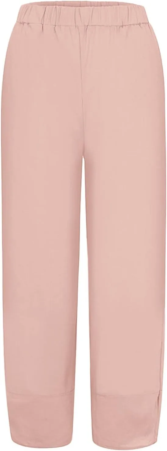 Cotton Linen Pants for Women High Waisted Wide Leg Pants Summer Loose Fit Capris Pants Lightweight Beach Trousers