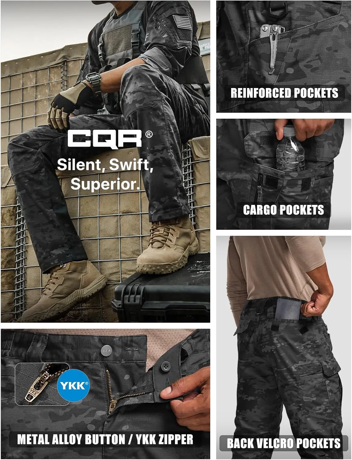 CQR Men's Flex Stretch Tactical Pants, Water Resistant Ripstop Cargo Pants, Lightweight EDC Outdoor Work Hiking Pants