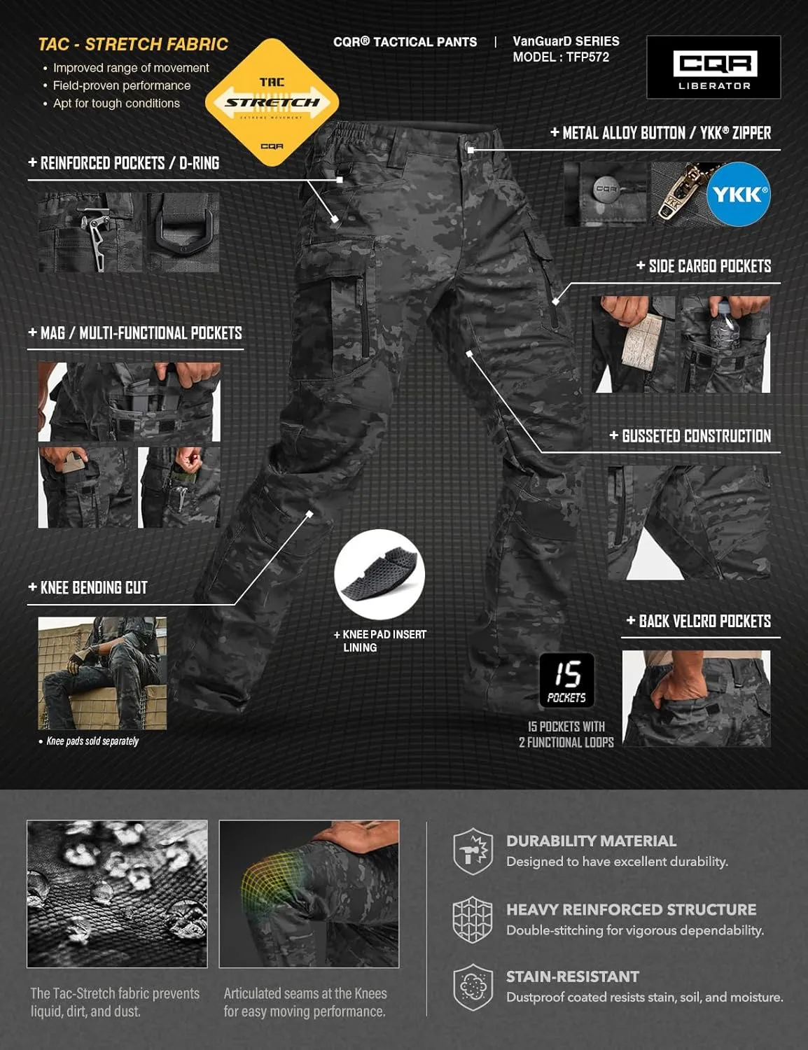CQR Men's Flex Stretch Tactical Pants, Water Resistant Ripstop Cargo Pants, Lightweight EDC Outdoor Work Hiking Pants