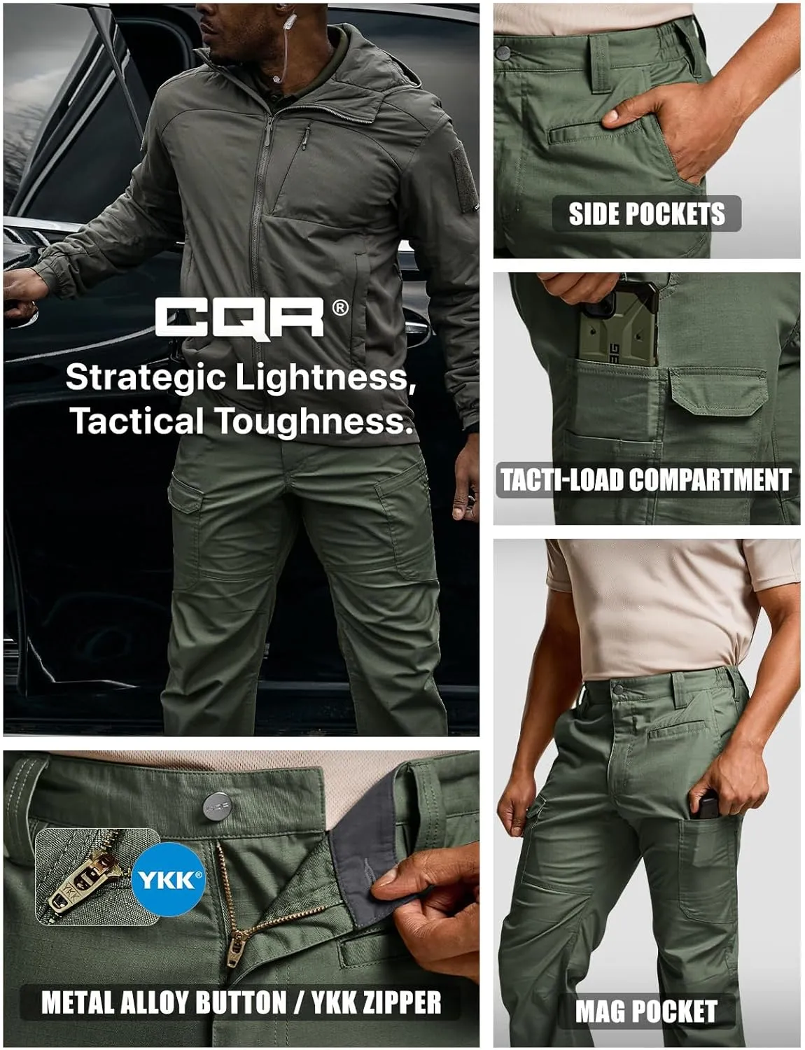CQR Men's Utility Flex Cargo Pants, Classic-Fit Casual Stretch Work Pants, Water Resistant Lightweight Tactical Hiking Pants