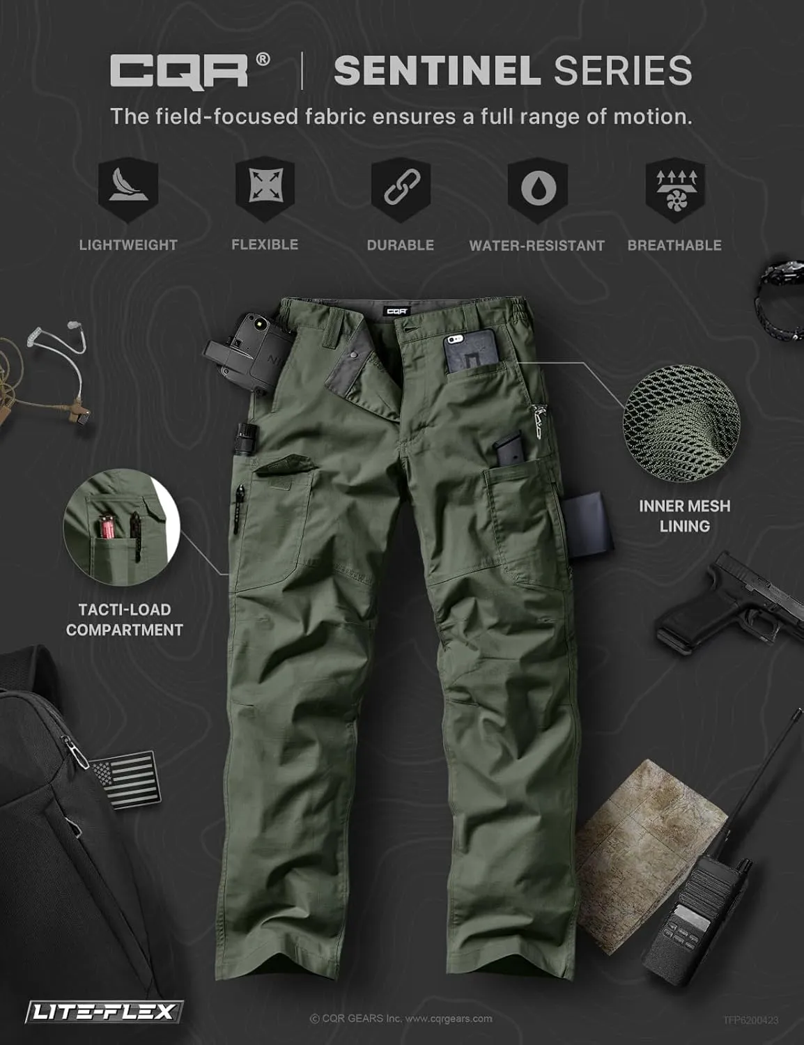 CQR Men's Utility Flex Cargo Pants, Classic-Fit Casual Stretch Work Pants, Water Resistant Lightweight Tactical Hiking Pants