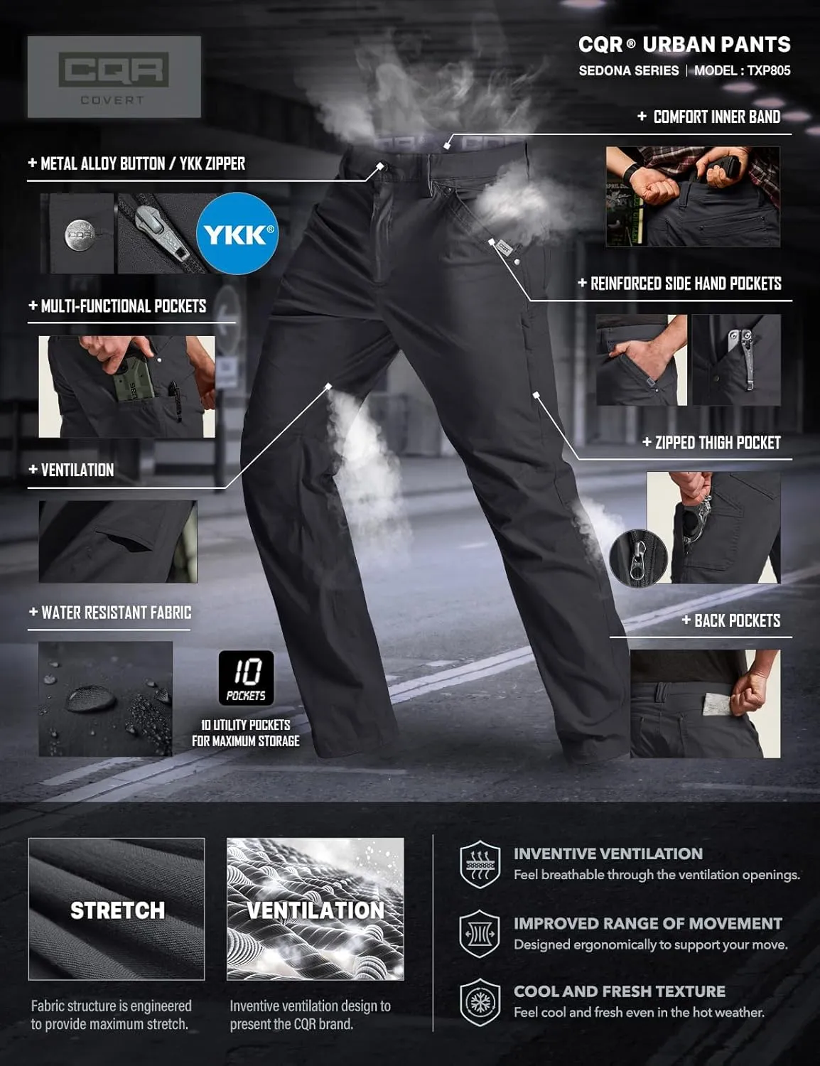 CQR Men's Vent Stretch Pants, Quick Dry Lightweight Casual Cargo Pants, Water Resistant Straight-Fit Utility Work Pants