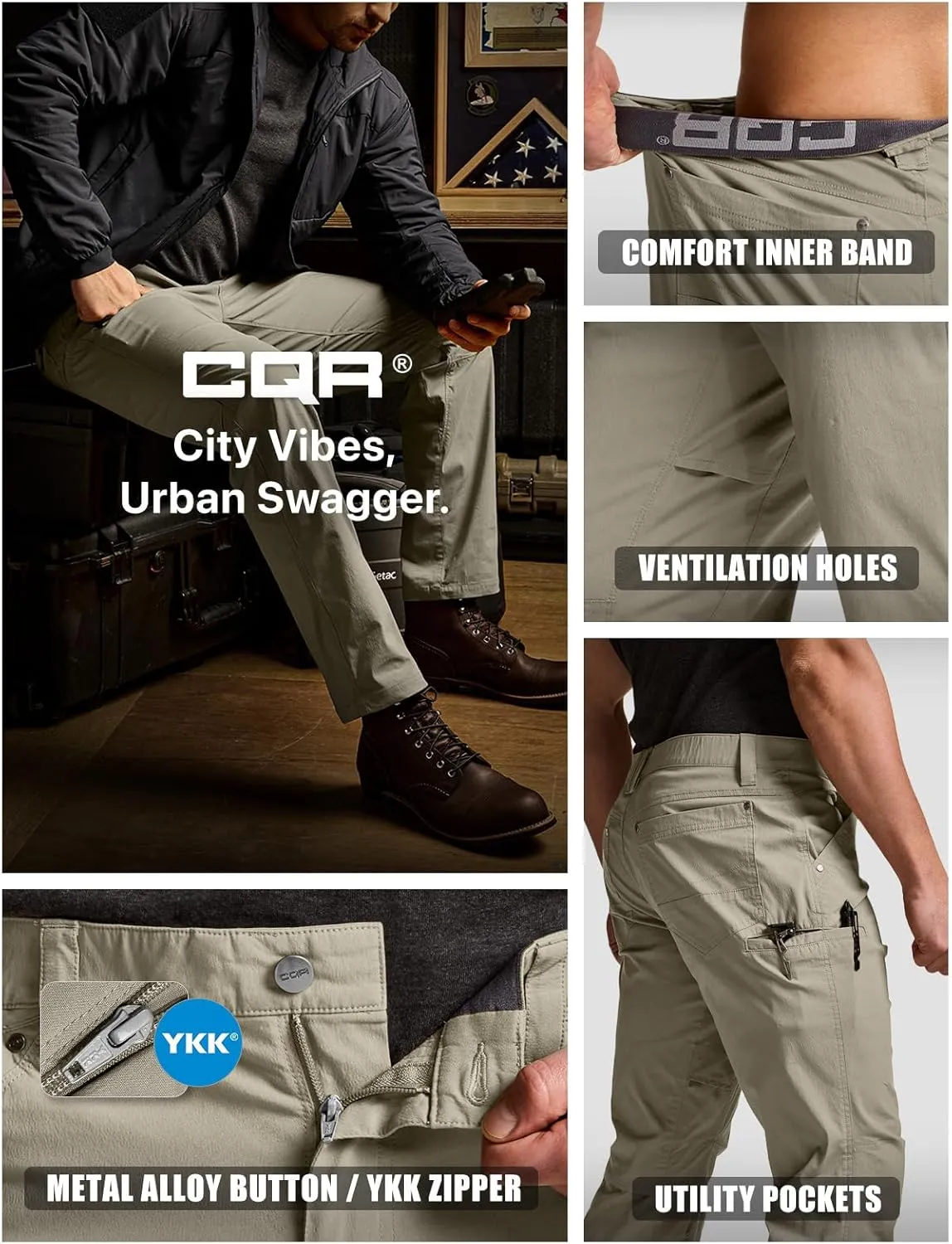 CQR Men's Vent Stretch Pants, Quick Dry Lightweight Casual Cargo Pants, Water Resistant Straight-Fit Utility Work Pants