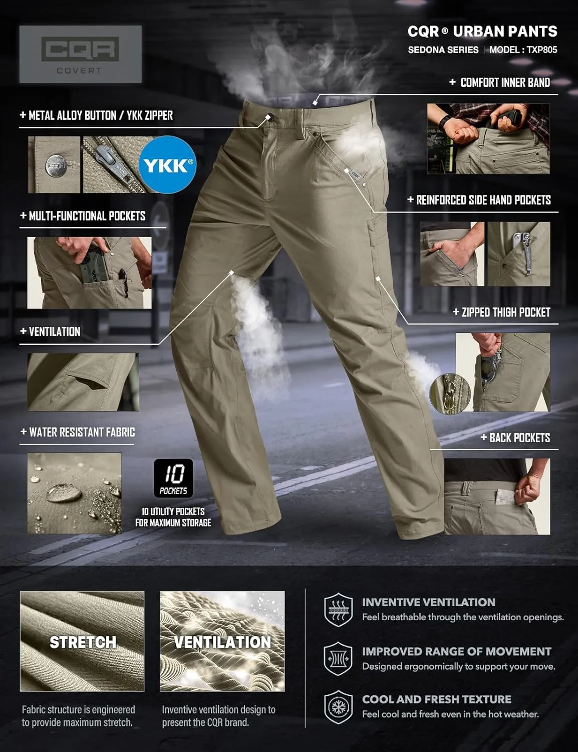 CQR Men's Vent Stretch Pants, Quick Dry Lightweight Casual Cargo Pants, Water Resistant Straight-Fit Utility Work Pants