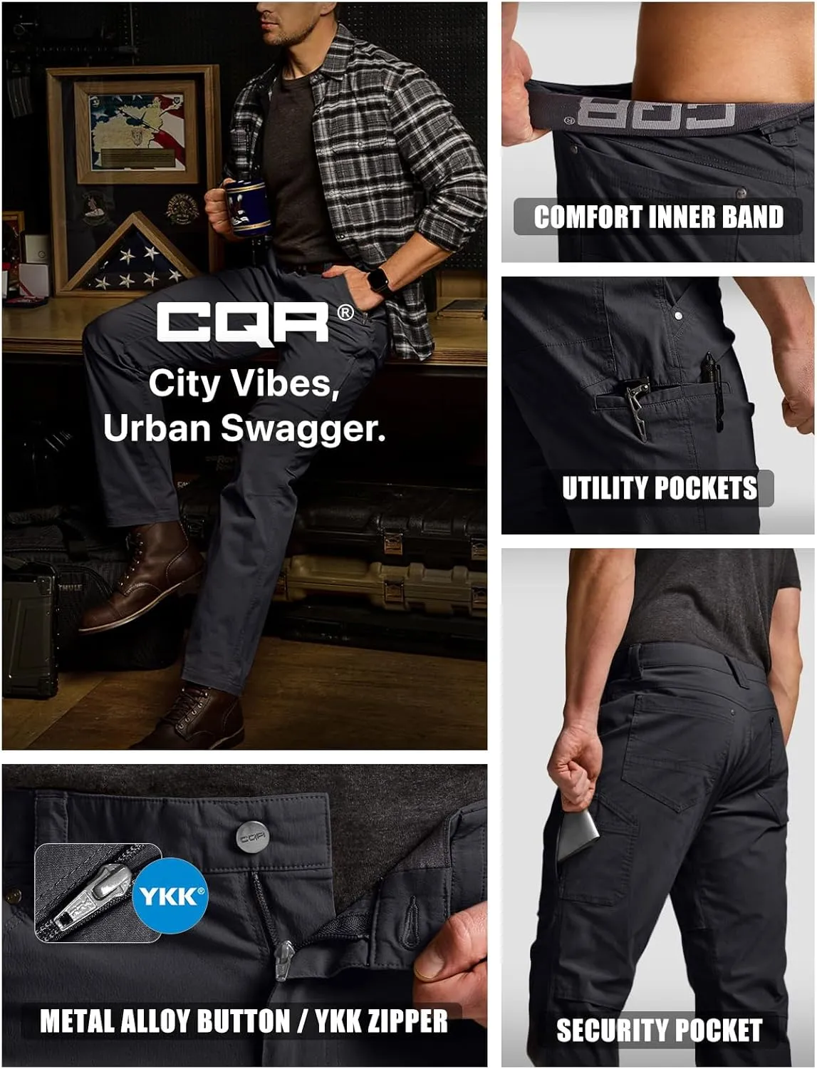 CQR Men's Vent Stretch Pants, Quick Dry Lightweight Casual Cargo Pants, Water Resistant Straight-Fit Utility Work Pants