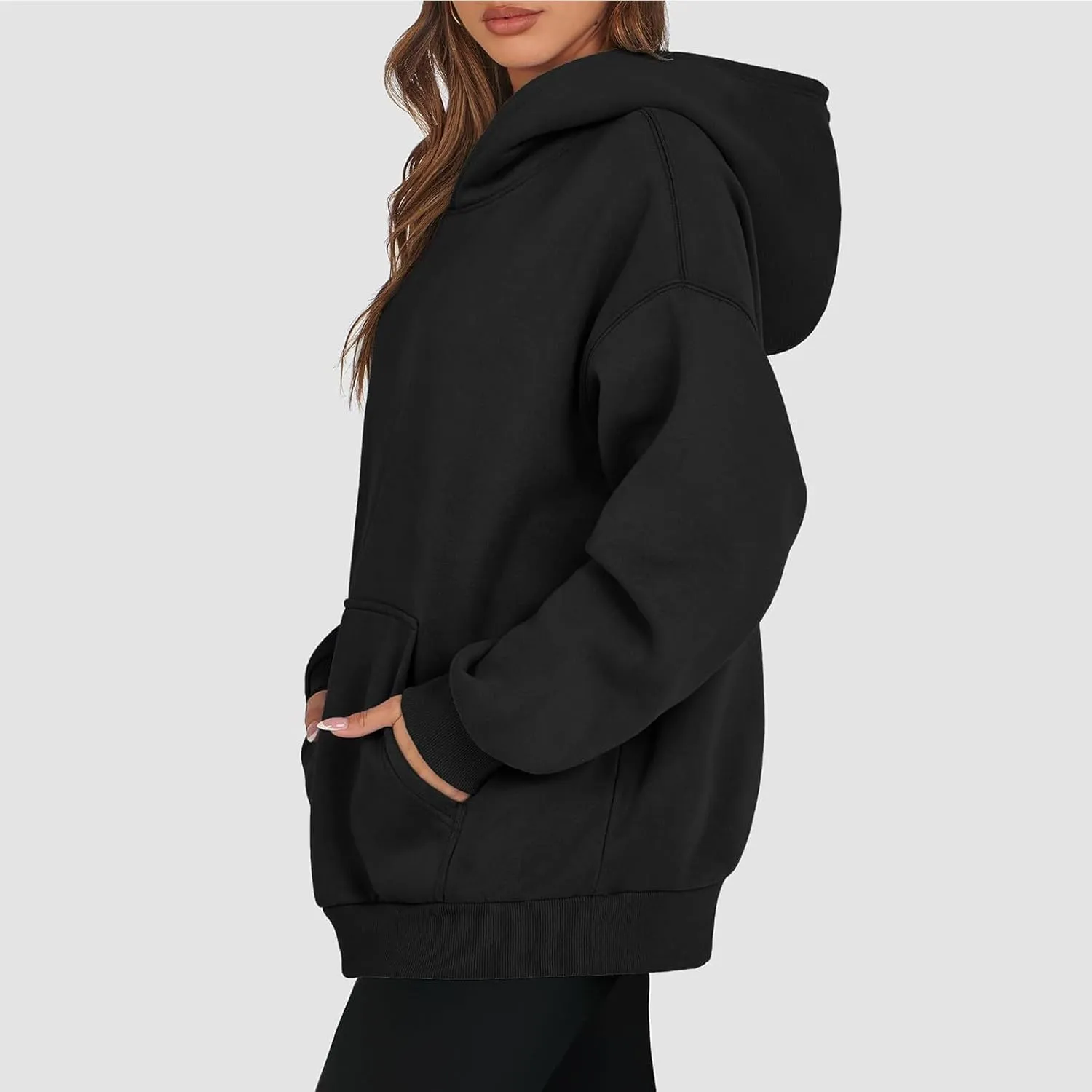 Crewneck Sweatshirts Women Drop Shoulder Fleece Lined Oversized Hoodie Thermal Long Sleeve Preppy Pullover Tops