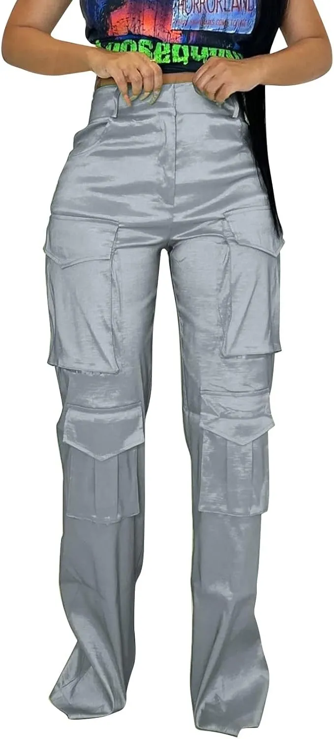 CRNTCEM Straight Leg Cargo Pants for Women Wide Leg Y2K Pants Vintage Streetwear Hip Hop Trousers with Multi Pockets