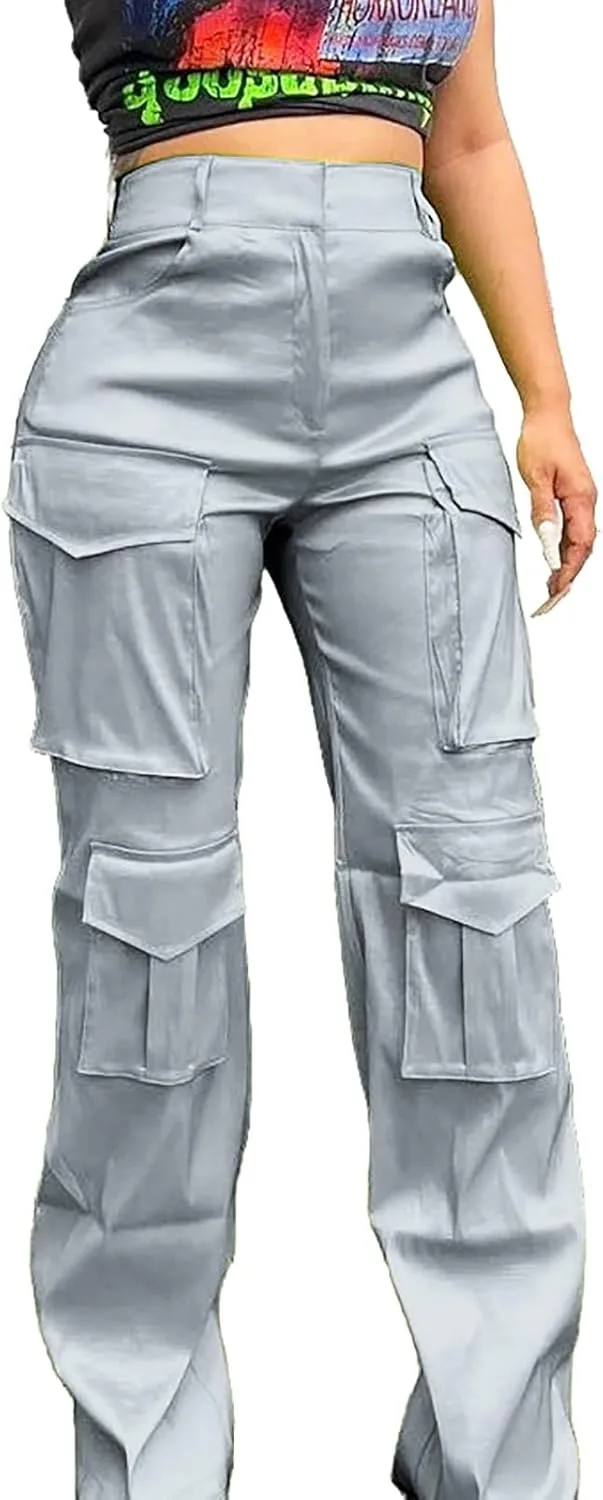 CRNTCEM Straight Leg Cargo Pants for Women Wide Leg Y2K Pants Vintage Streetwear Hip Hop Trousers with Multi Pockets