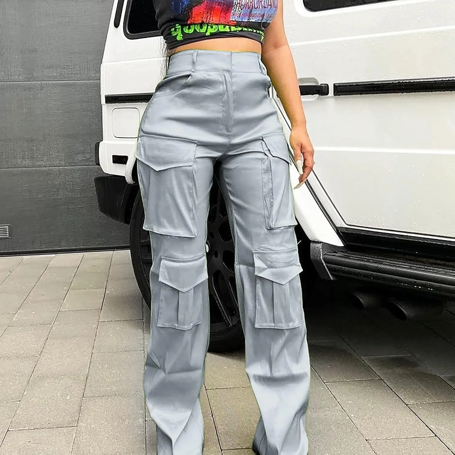 CRNTCEM Straight Leg Cargo Pants for Women Wide Leg Y2K Pants Vintage Streetwear Hip Hop Trousers with Multi Pockets