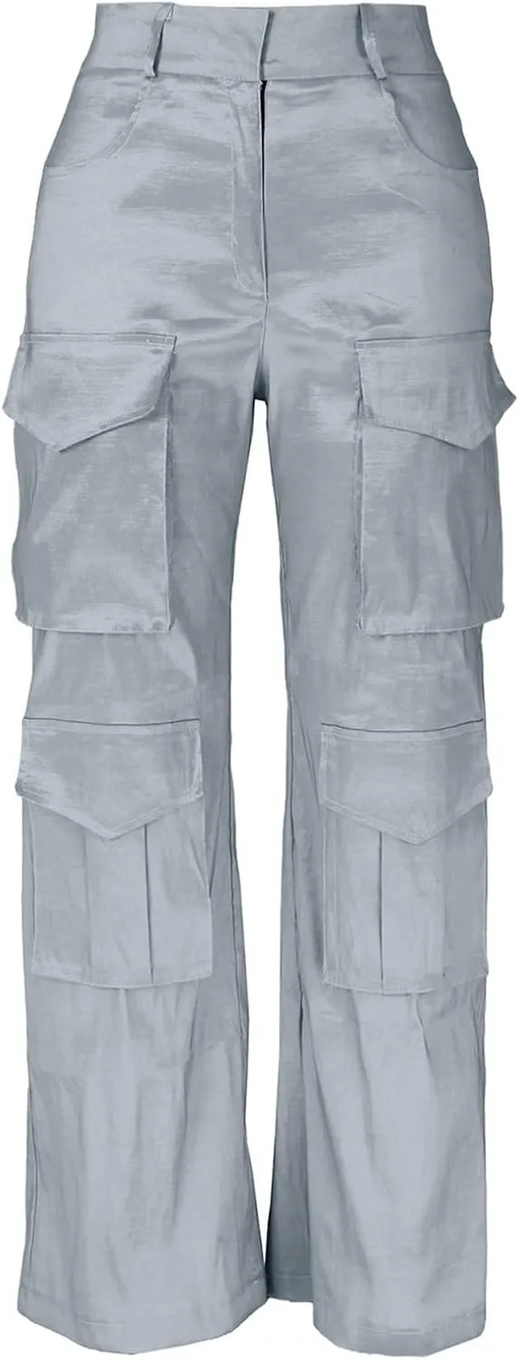 CRNTCEM Straight Leg Cargo Pants for Women Wide Leg Y2K Pants Vintage Streetwear Hip Hop Trousers with Multi Pockets