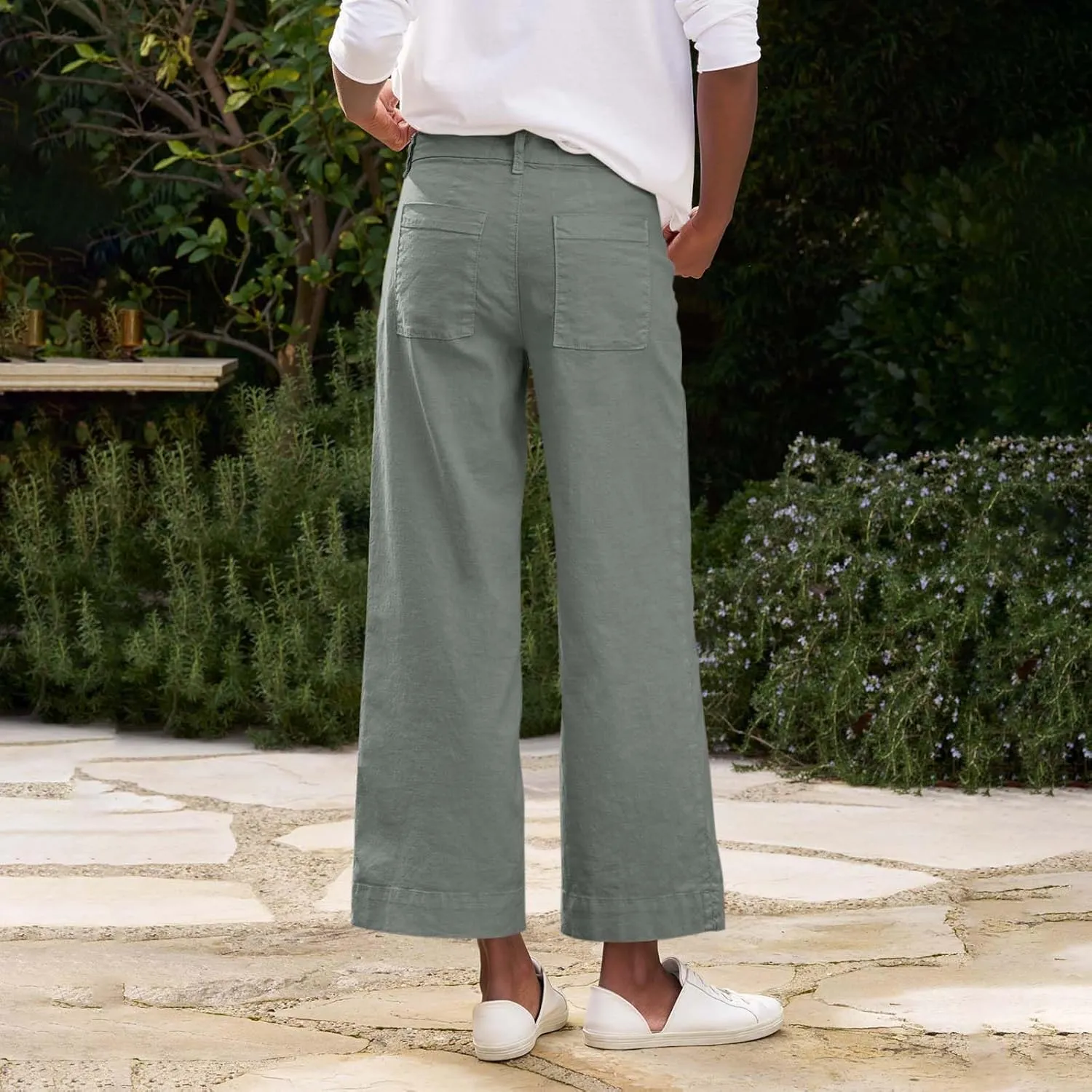 Cropped Linen Pants Women High Waisted Flare Wide Leg Capri Work Pants Business Casual Ankle Pants with Pockets