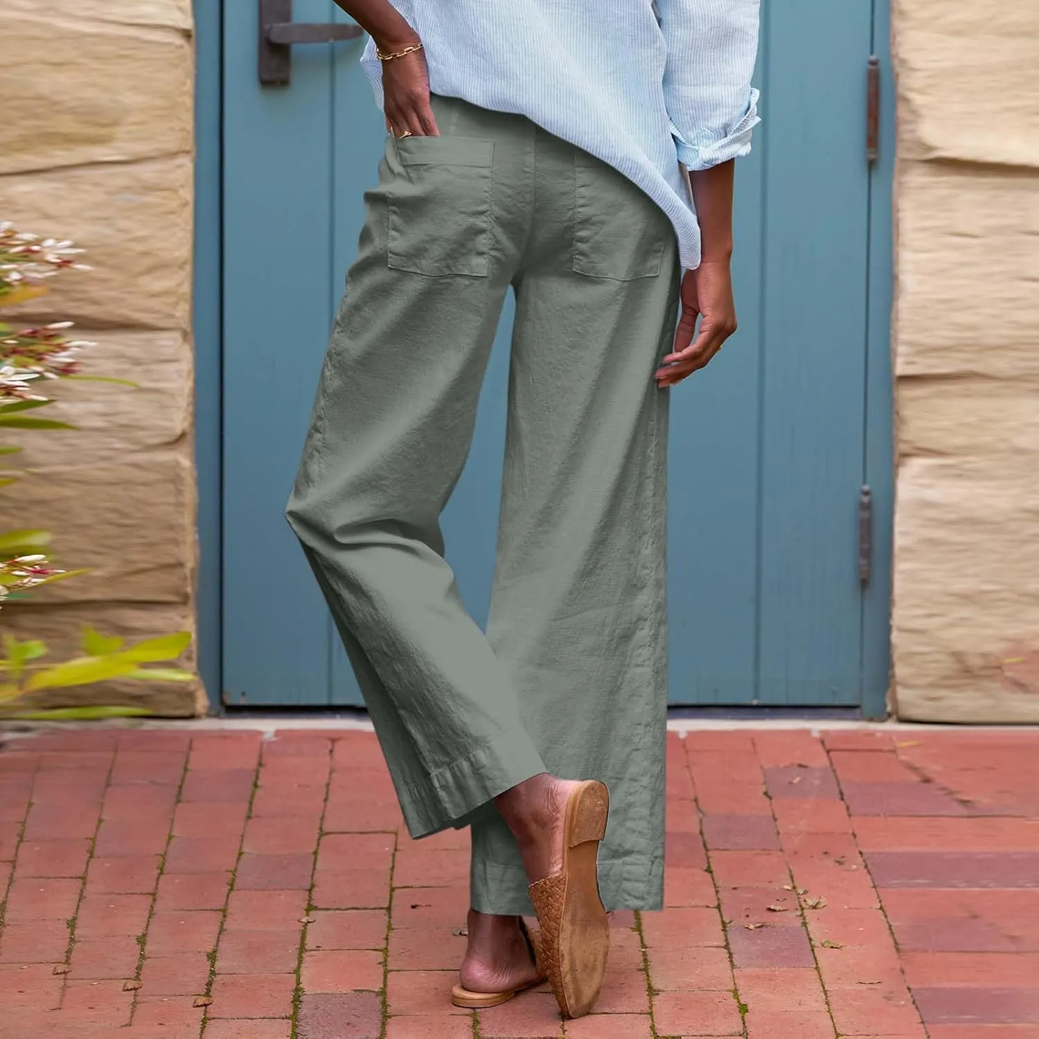 Cropped Linen Pants Women High Waisted Flare Wide Leg Capri Work Pants Business Casual Ankle Pants with Pockets