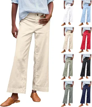 Cropped Linen Pants Women High Waisted Flare Wide Leg Capri Work Pants Business Casual Ankle Pants with Pockets