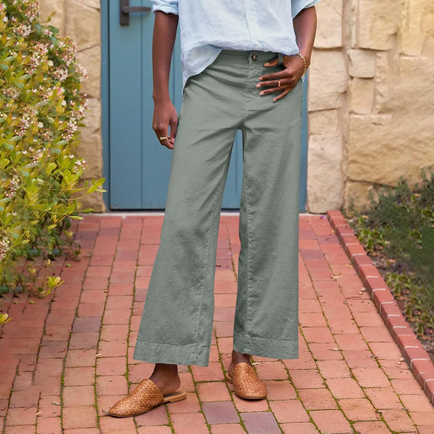 Cropped Linen Pants Women High Waisted Flare Wide Leg Capri Work Pants Business Casual Ankle Pants with Pockets