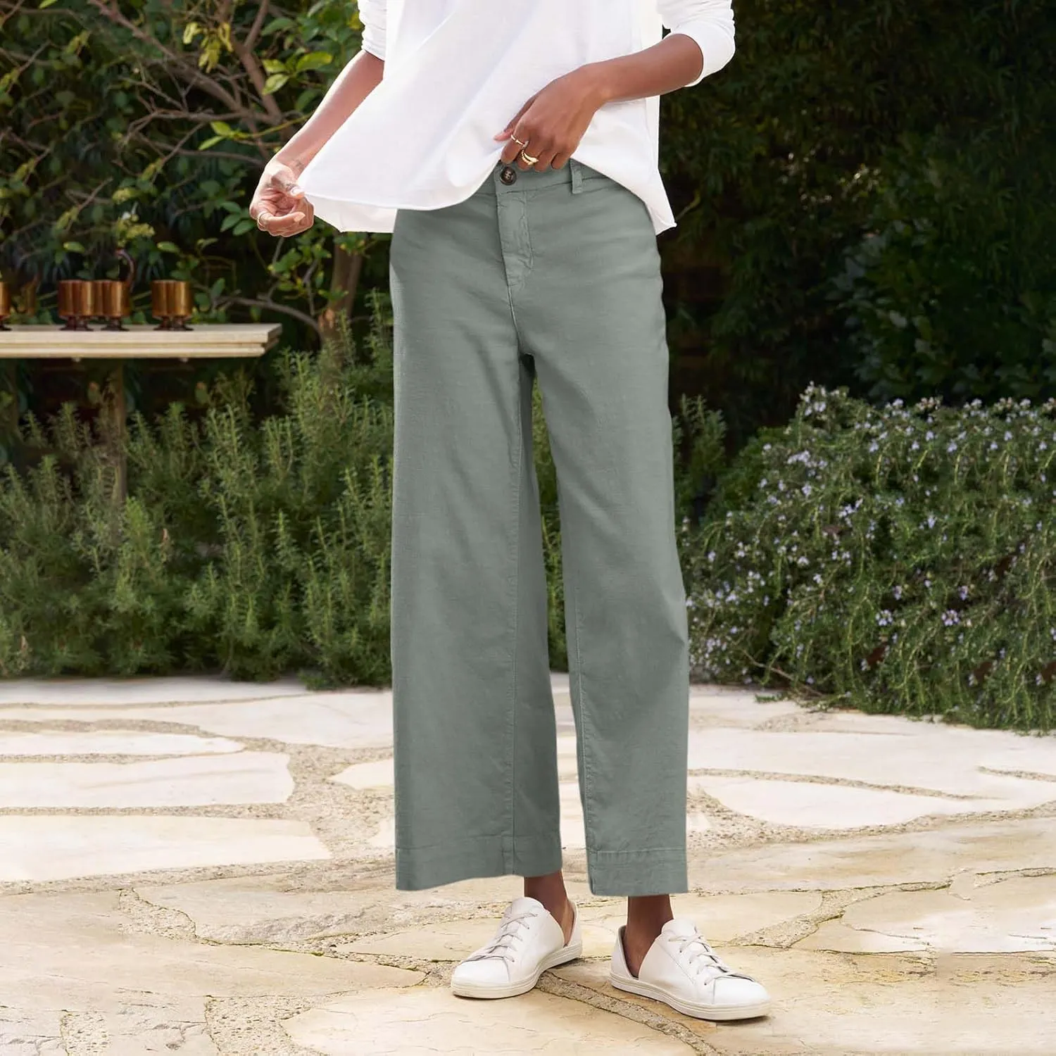 Cropped Linen Pants Women High Waisted Flare Wide Leg Capri Work Pants Business Casual Ankle Pants with Pockets