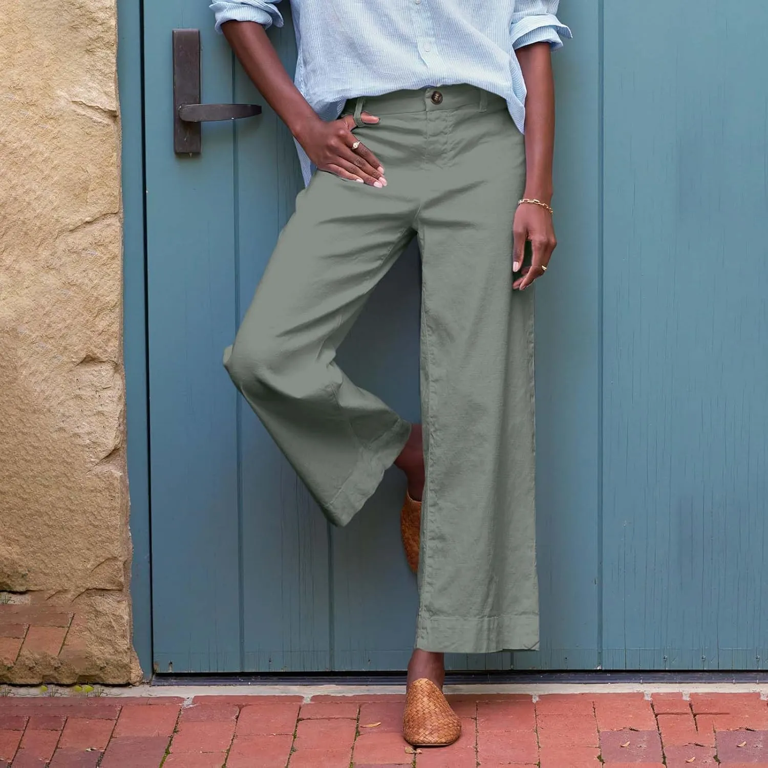 Cropped Linen Pants Women High Waisted Flare Wide Leg Capri Work Pants Business Casual Ankle Pants with Pockets