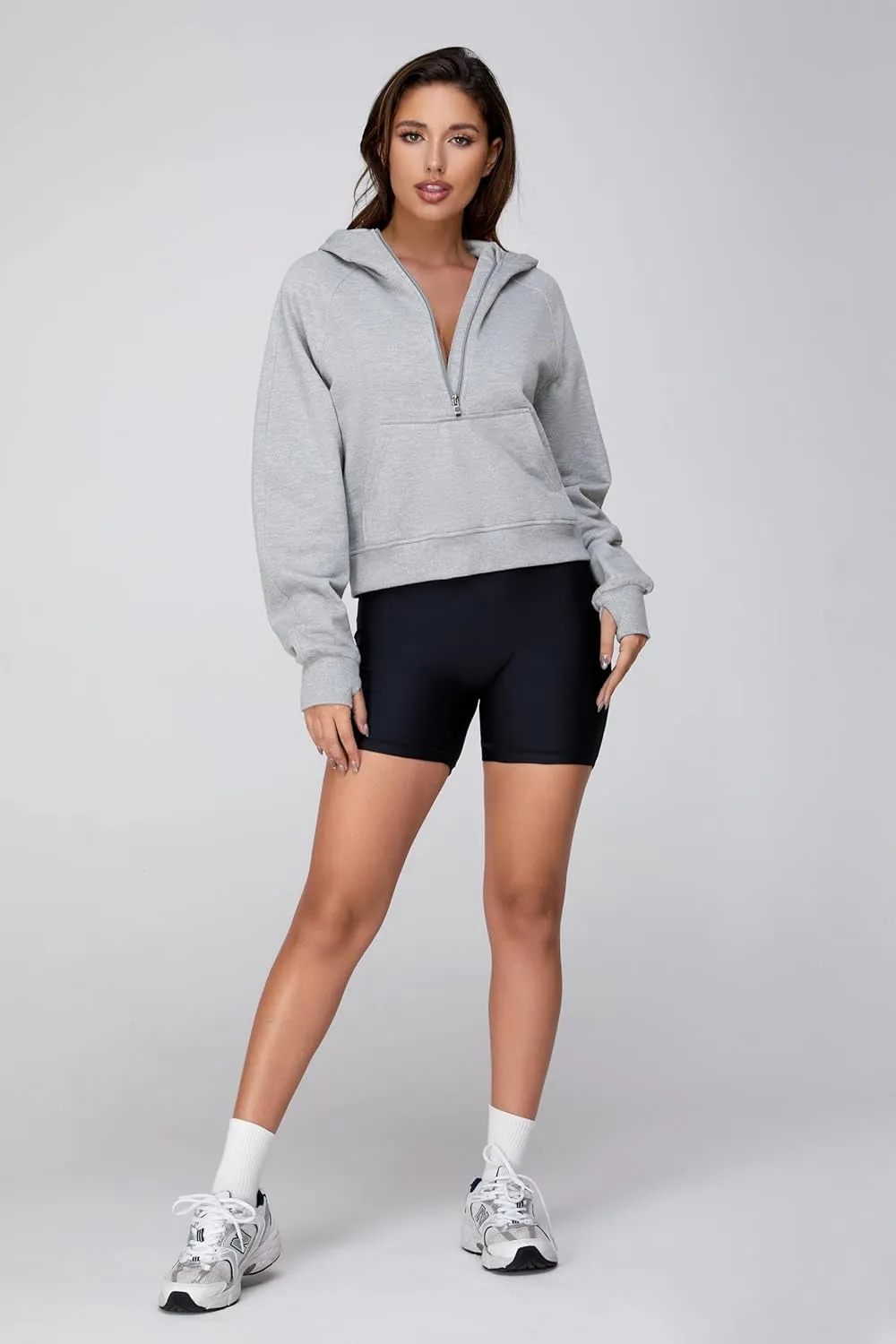 Cropped Quarter Zip Up Hoodie Women Pullover Sweater White Black Grey Fleece Thumb Hole Short Crop Sweatshirt
