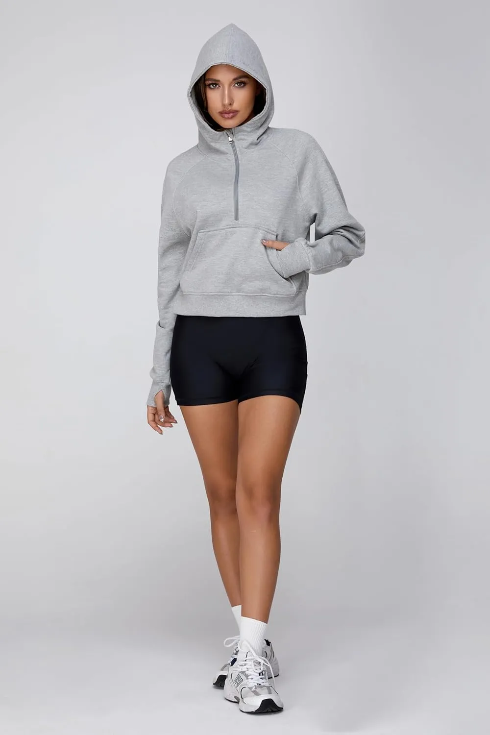 Cropped Quarter Zip Up Hoodie Women Pullover Sweater White Black Grey Fleece Thumb Hole Short Crop Sweatshirt
