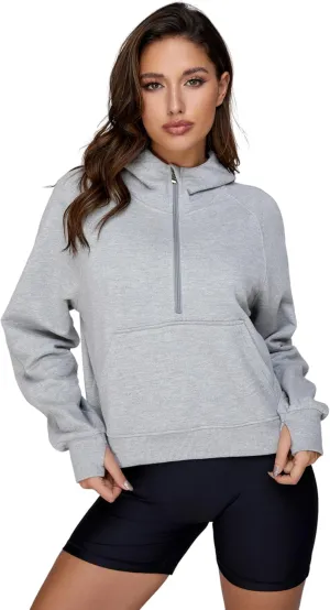 Cropped Quarter Zip Up Hoodie Women Pullover Sweater White Black Grey Fleece Thumb Hole Short Crop Sweatshirt