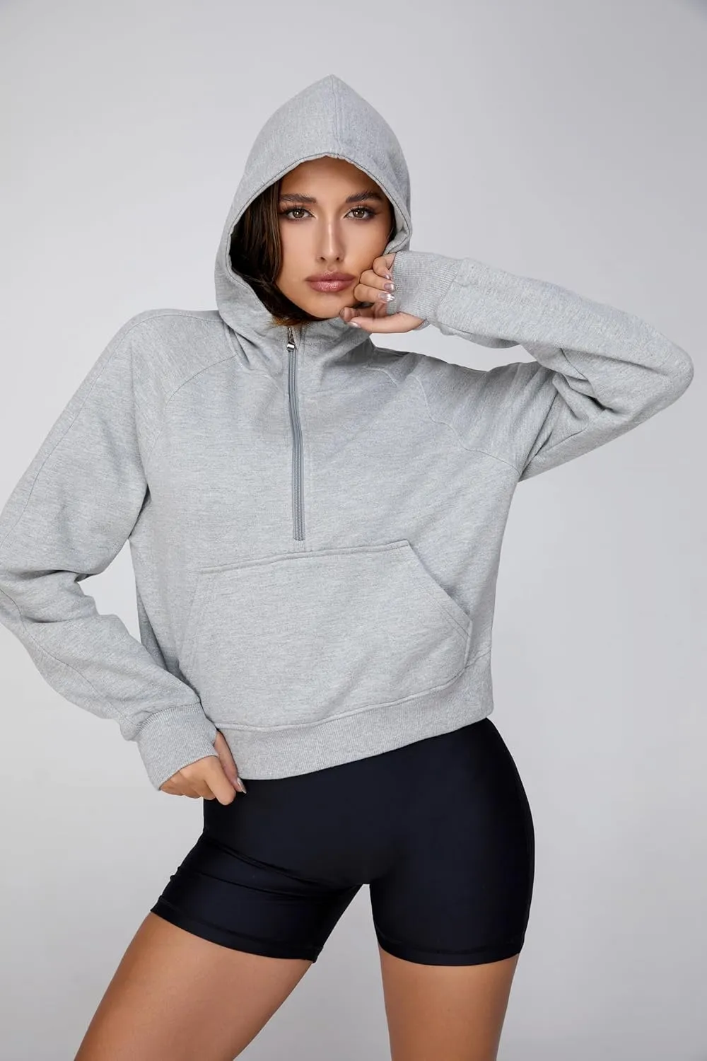 Cropped Quarter Zip Up Hoodie Women Pullover Sweater White Black Grey Fleece Thumb Hole Short Crop Sweatshirt
