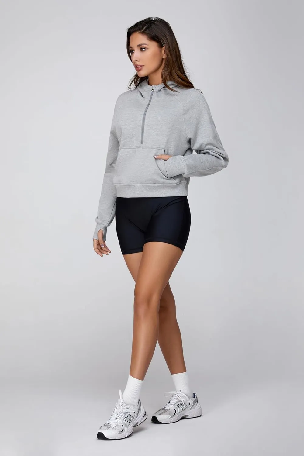 Cropped Quarter Zip Up Hoodie Women Pullover Sweater White Black Grey Fleece Thumb Hole Short Crop Sweatshirt