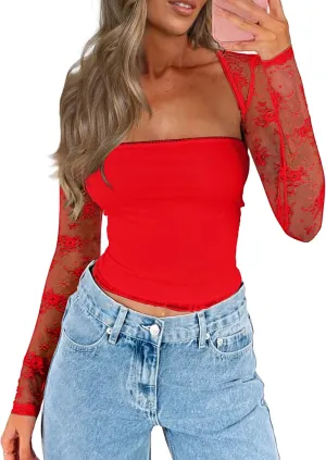 CSDAJIO Women's Going Out Tops Lace Long Sleeve Square Neck Crop Top Shirt Strapless Tube Top and Bolero Set