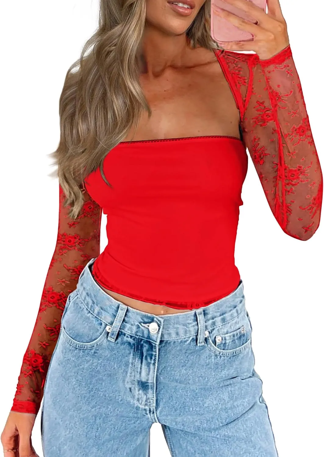 CSDAJIO Women's Going Out Tops Lace Long Sleeve Square Neck Crop Top Shirt Strapless Tube Top and Bolero Set