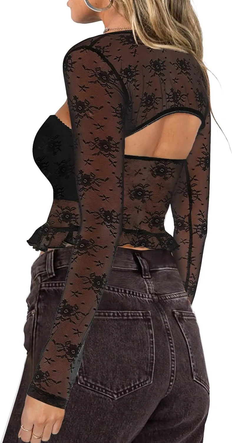 CSDAJIO Women's Going Out Tops Lace Long Sleeve Square Neck Crop Top Shirt Strapless Tube Top and Bolero Set