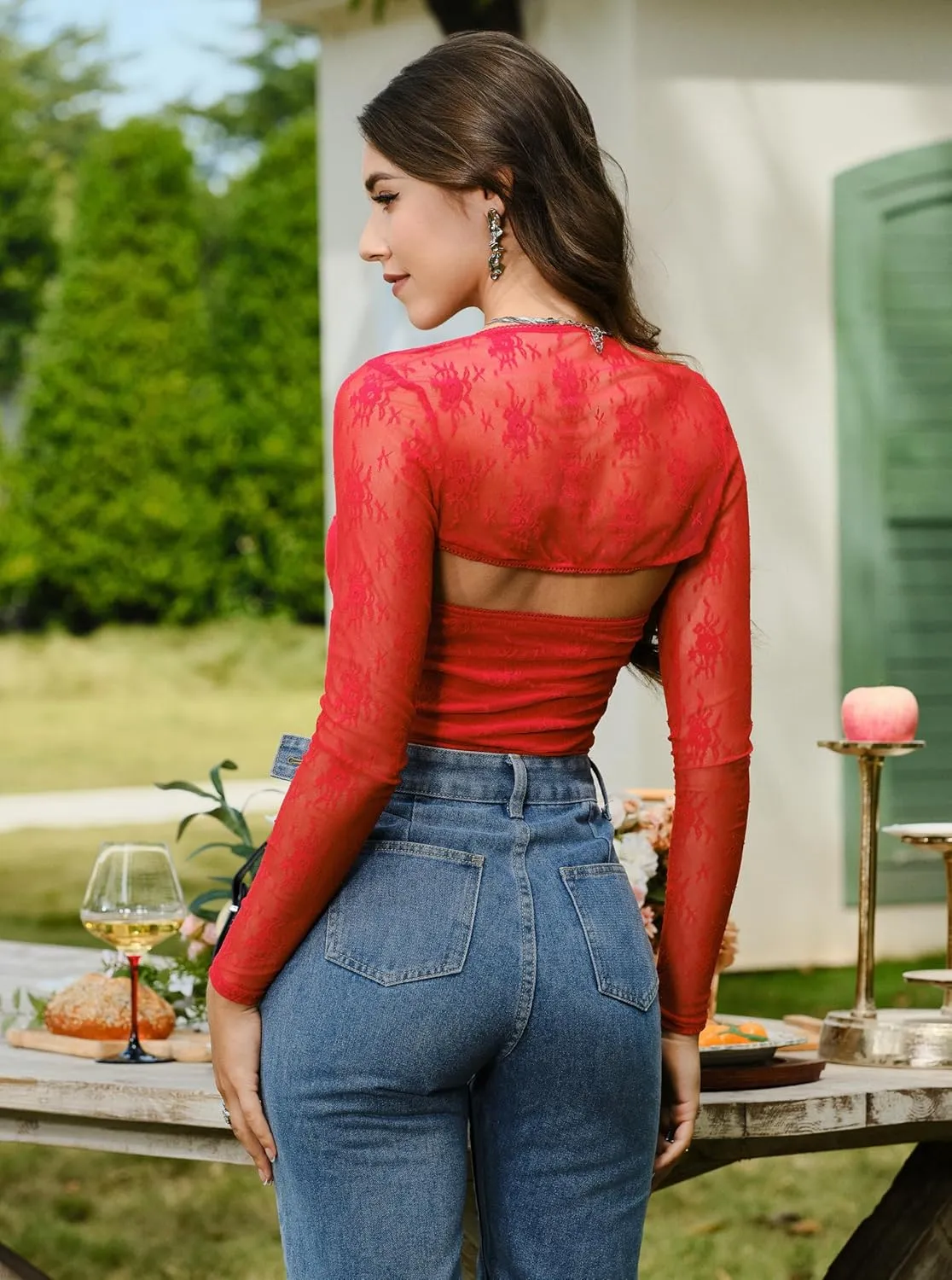 CSDAJIO Women's Going Out Tops Lace Long Sleeve Square Neck Crop Top Shirt Strapless Tube Top and Bolero Set