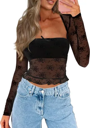 CSDAJIO Women's Going Out Tops Lace Long Sleeve Square Neck Crop Top Shirt Strapless Tube Top and Bolero Set