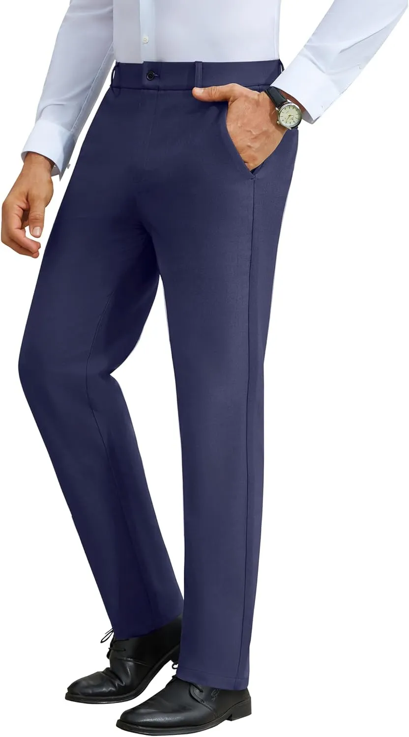 DEMEANOR Stretch Mens Dress Pants Slim Fit Dress Pants for Men Expandable Waist Wrinkle Free Work Dress Pants Golf Pants