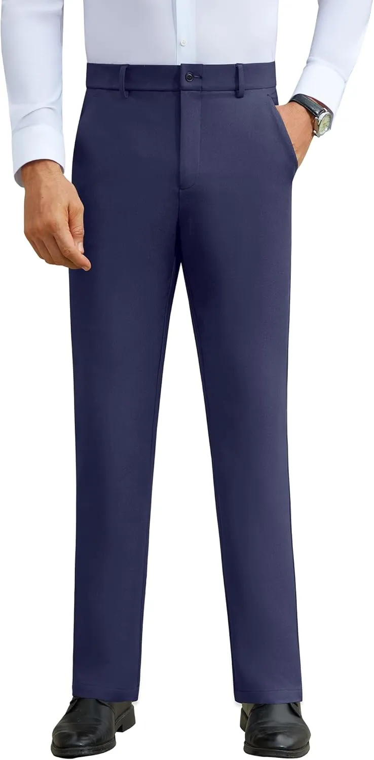 DEMEANOR Stretch Mens Dress Pants Slim Fit Dress Pants for Men Expandable Waist Wrinkle Free Work Dress Pants Golf Pants