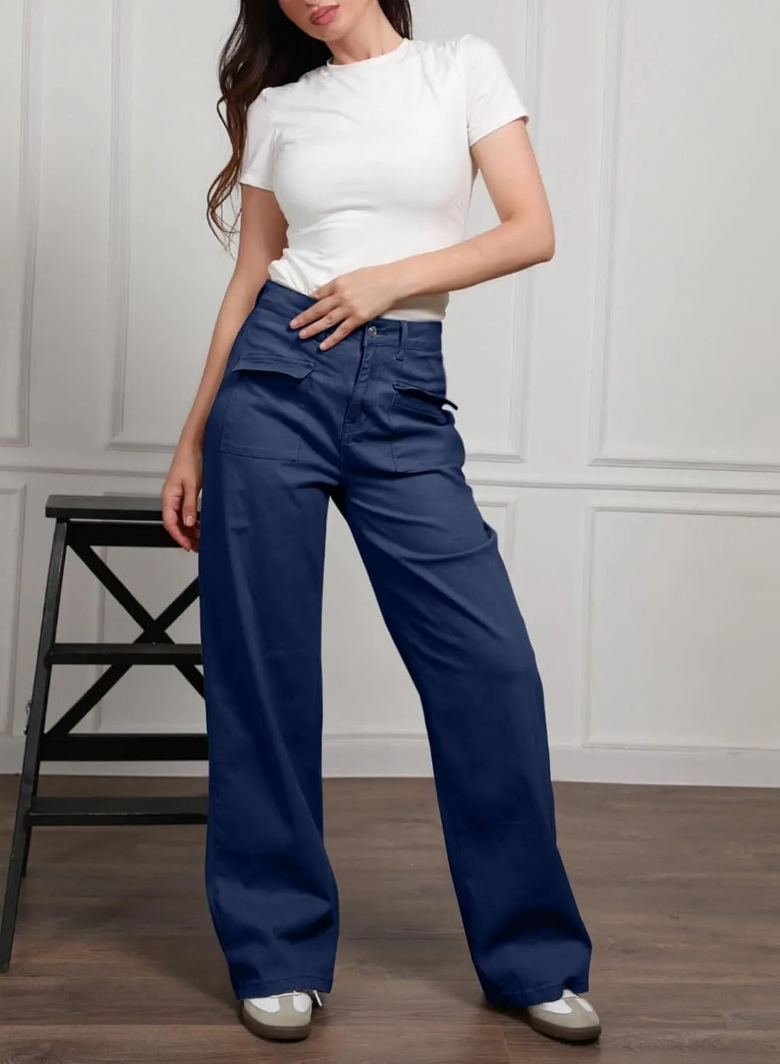 Dokotoo Womens Cargo Pants Women Baggy Wide Leg High Waist Casual Pants Jean Stretch Pants