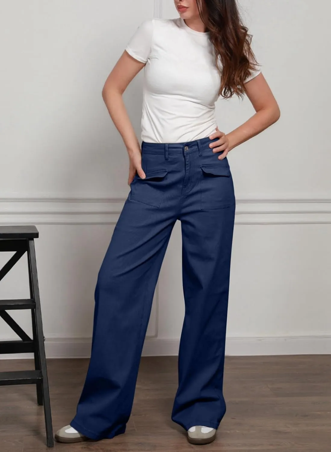 Dokotoo Womens Cargo Pants Women Baggy Wide Leg High Waist Casual Pants Jean Stretch Pants
