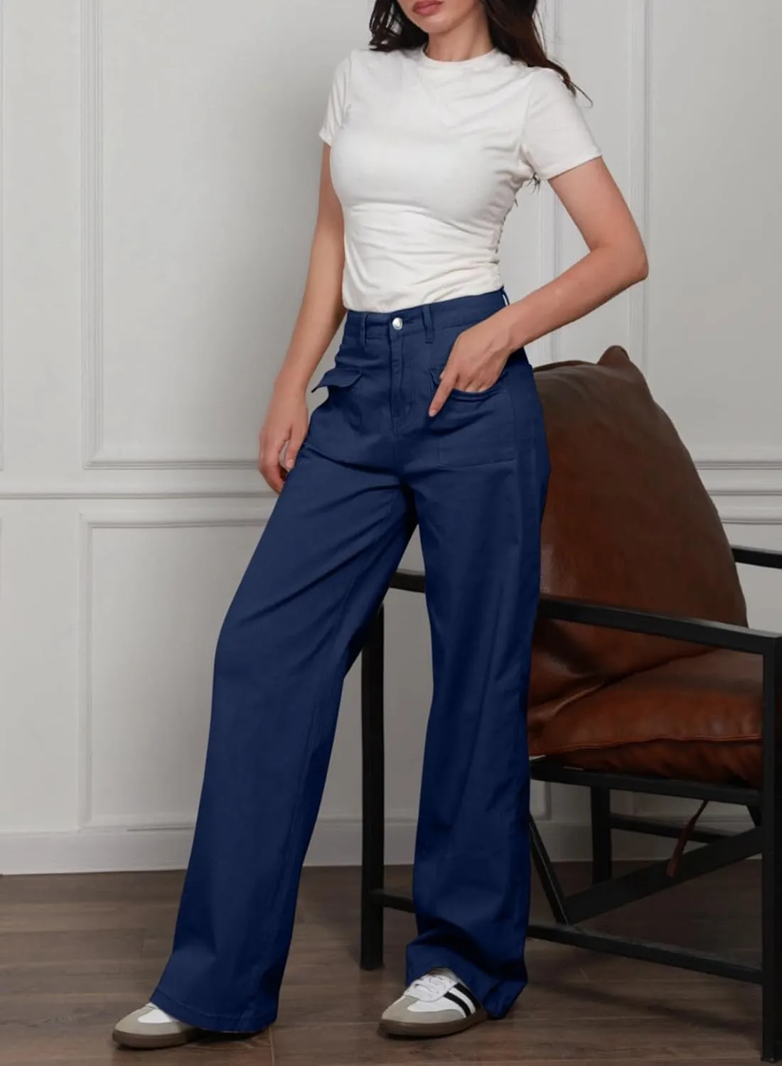 Dokotoo Womens Cargo Pants Women Baggy Wide Leg High Waist Casual Pants Jean Stretch Pants