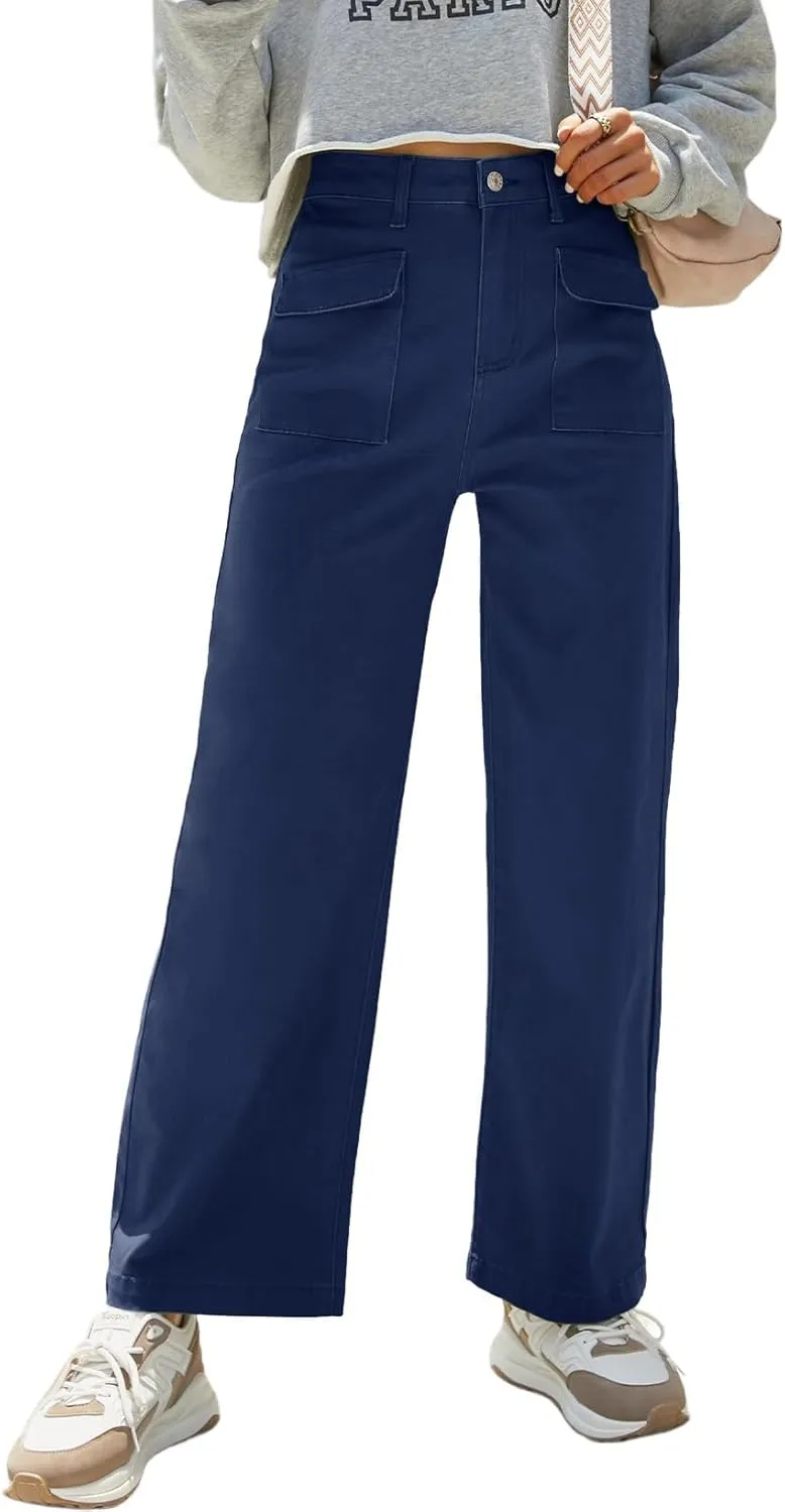 Dokotoo Womens Cargo Pants Women Baggy Wide Leg High Waist Casual Pants Jean Stretch Pants