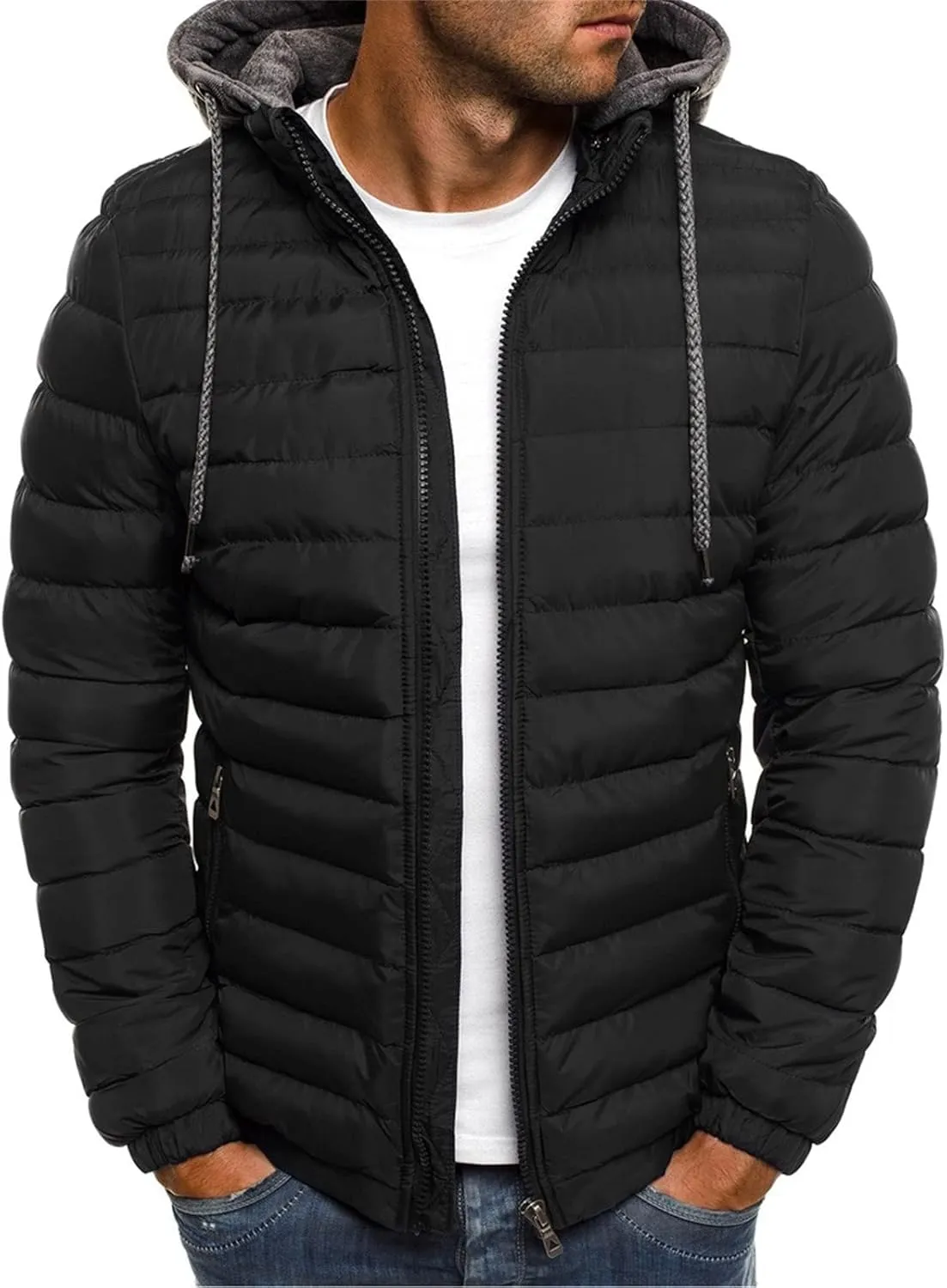 Down Jacket Men Winter Jackets Packable Lightweight Jacket Long Sleeve Zip Up Fuzzy Winter Jackets with Hood